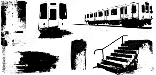 Urban subway elements in black ink silhouette set for artistic design
