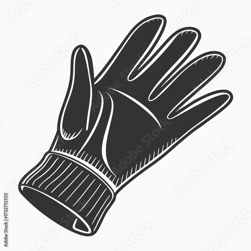 A black and white illustration of a single glove with five fingers and a ribbed cuff depicted in a simple clean graphic style on a white background