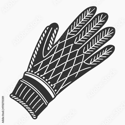 Stylized black and white illustration of a single oven mitt with a diamond pattern on the palm and feather like designs on the fingers and cuff isolated on a white background