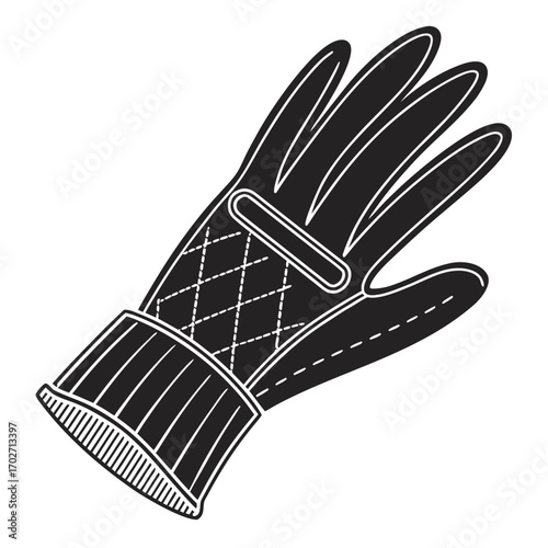 A black and white illustration of a quilted oven mitt with stitching details and a ribbed cuff isolated on a white background representing kitchen safety and cooking
