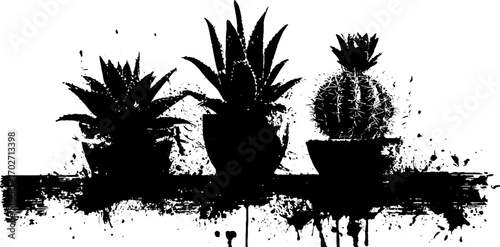 Black ink silhouette of succulents aloe and agave with grunge texture for artistic design