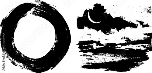 Black ink silhouette art with sun circle and crescent moon sky design