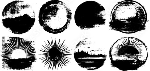 Grunge black ink sun silhouettes with rays for creative design projects