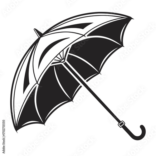 A classic black and white illustration of an open umbrella with a curved handle perfect for weather protection and design elements
