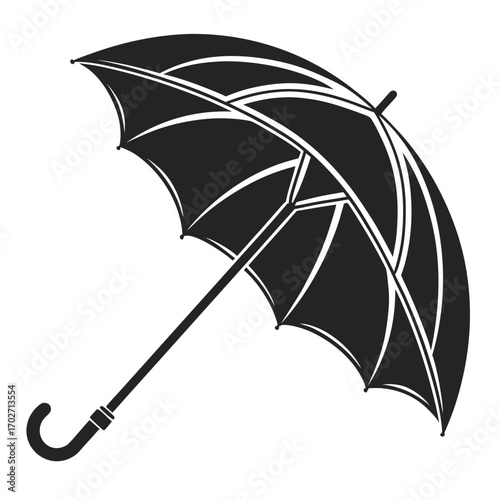 A classic black silhouette of an open umbrella with a curved handle isolated on a white background representing protection from the elements