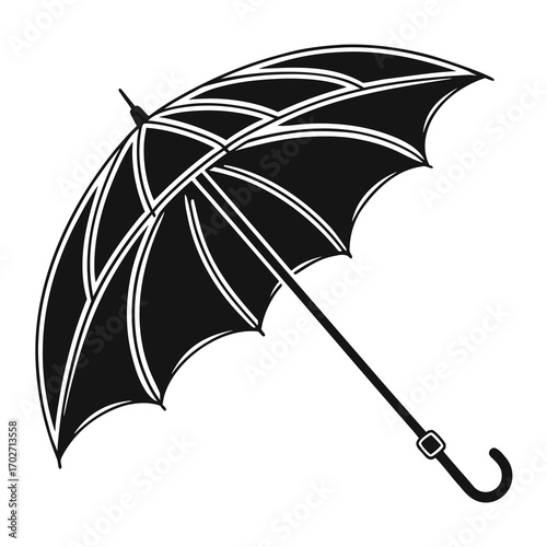 A stylized black silhouette of an open umbrella with a curved handle and a decorative pattern on its canopy isolated on a white background