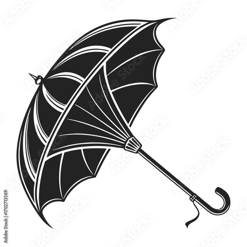 A classic black and white illustration of an open umbrella with a curved handle and a small ribbon detail rendered in a stylized graphic art style