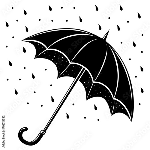 A black silhouette of an open umbrella with a curved handle is depicted against a white background with stylized raindrops and dots falling around it