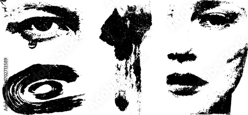 Surreal black ink faces and eye silhouette for creative design projects