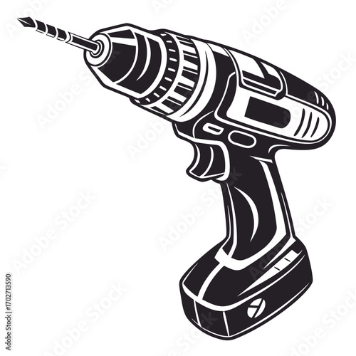 A black and white illustration of a cordless power drill with a drill bit extended ready for use in construction or diy projects