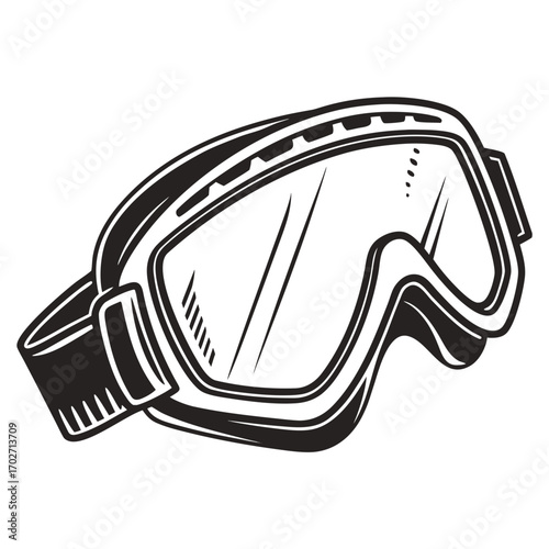 A black and white illustration of a ski goggle with a strap and a reflective lens isolated on a white background representing winter sports and outdoor activities