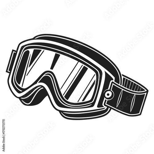 A bold black and white graphic illustration of a pair of ski goggles with a thick strap perfect for winter sports and extreme adventure designs