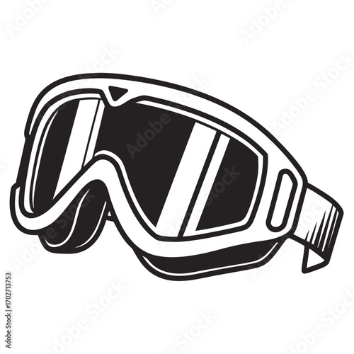 A black and white graphic illustration of a pair of modern ski goggles with a wide reflective lens and a textured strap isolated on a white background