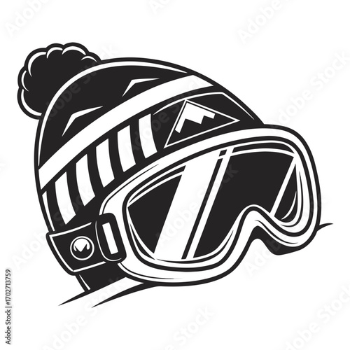 Stylized black and white illustration of a ski beanie with a pom pom and a pair of ski goggles featuring a mountain graphic perfect for winter sports and adventure themes