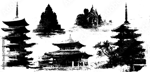 Black ink silhouette of temple domes and crosses for urban art design