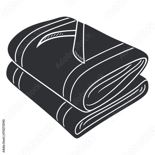 A minimalist hand drawn style illustration of two neatly folded dark gray towels with white striped borders presented on a clean white background suggesting comfort and cleanliness