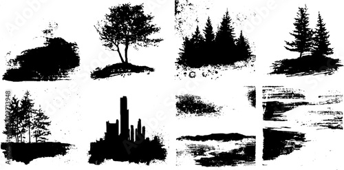 Black ink silhouette set of textured backgrounds with trees and skyline elements