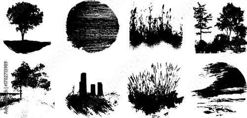 Set of black ink silhouette textured backgrounds for artistic designs and printing