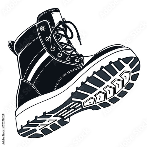A stylish black high top sneaker with white laces and a rugged white sole presented in a clean graphic illustration style on a white background