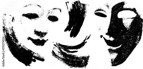 Dramatic silhouettes of theater tragedy masks in black ink for creative design