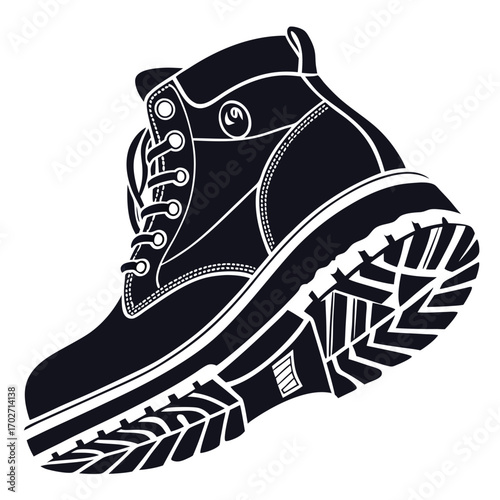 A detailed black and white silhouette illustration of a sturdy work boot with laces and a rugged sole isolated on a white background