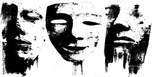 Black ink silhouette of theatre tragedy masks in grunge style for dramatic art