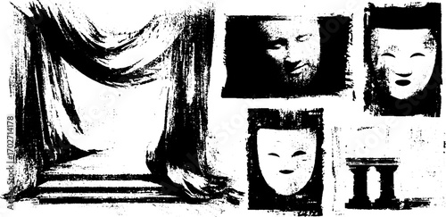 Black ink silhouette set featuring theatre masks and curtain illustrations