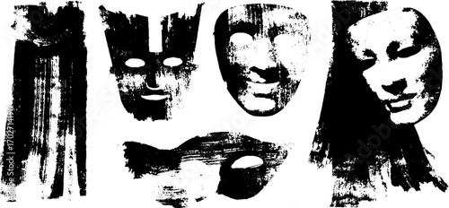 Dramatic silhouette collection of theater masks and curtains in grunge ink style