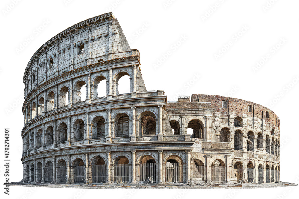 Obraz premium Exterior panoramic view of the Colosseum, an ancient amphitheater in Rome. Massive stone structure with arches and tiers, showing age and wear