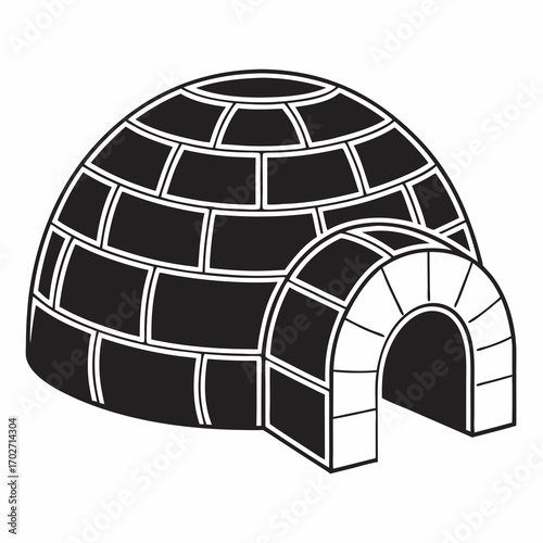 A simple black and white illustration of an igloo with an arched entrance representing a traditional inuit dwelling made of snow blocks