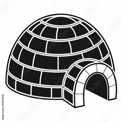 A simple black and white illustration of a traditional igloo structure made of snow blocks with a distinct arched entrance representing arctic shelter and winter dwelling