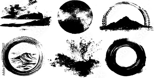 Black ink silhouette collection of abstract tire track designs for creative projects