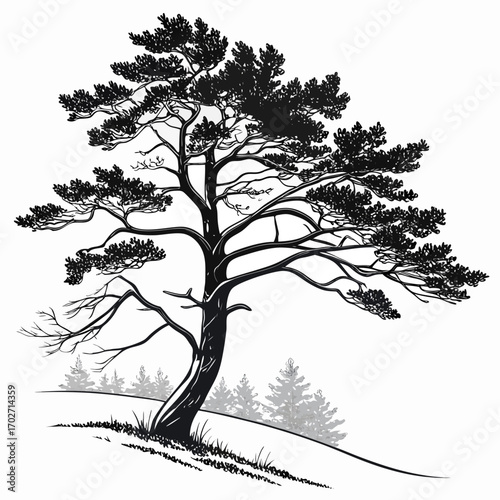 A striking black and white silhouette of a mature pine tree with spreading branches and needle like foliage set against a stark white background with subtle hints of distant evergreen trees