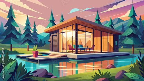 Modern wooden cabin by a forest lake, with wide glass doors, floating deck, and warm ambient lighting, merging contemporary style with tranquil natural surroundings.