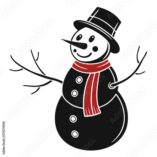 A charming cartoon snowman wearing a black top hat and a red striped scarf with stick arms and button details isolated on a white background