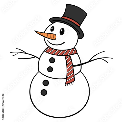 A cheerful cartoon snowman wearing a black top hat with a red band and a striped red and white scarf with stick arms and three dark buttons down its body isolated on a white background