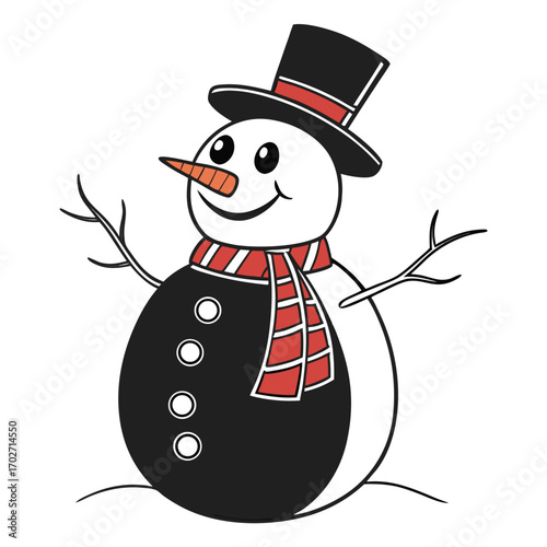A cheerful cartoon snowman wearing a black top hat with a red band and a red and white striped scarf with twig arms and a carrot nose standing on snow