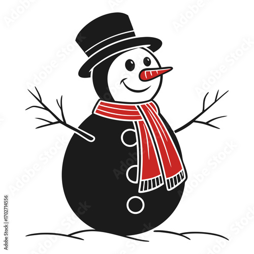 A cheerful cartoon snowman wearing a black top hat and a red striped scarf stands on snow with twig arms outstretched and a carrot nose