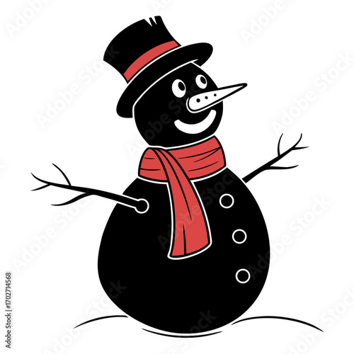 A cheerful black snowman wearing a red scarf and a black top hat stands in the snow with stick arms and a carrot nose ready for winter fun and holiday celebrations
