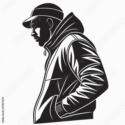 Stylized black and white illustration of a young man wearing a baseball cap and a hooded jacket with his hands in his pockets conveying a cool and casual urban vibe