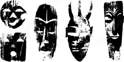 Tribal mask silhouettes in black ink with grunge texture for cultural art designs