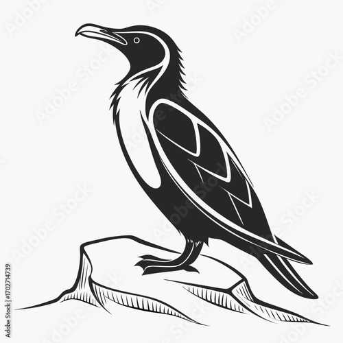 Stylized black silhouette of a seabird perched on a rock featuring clean lines and graphic design elements ideal for logos and illustrations