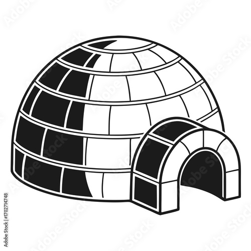A simple black and white graphic illustration of an igloo with an arched entrance representing a traditional inuit dwelling made of snow blocks