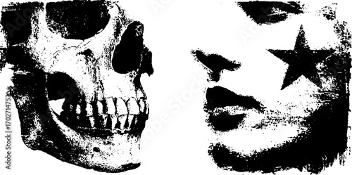 Black ink silhouette set featuring skull and star-faced portrait for t-shirt design