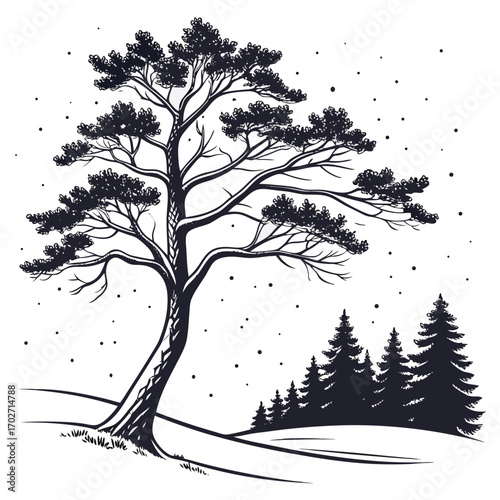 A solitary pine tree stands tall against a snowy winter sky with falling snowflakes and a silhouette of evergreen trees in the background