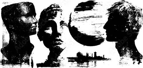 Black ink silhouettes of urban art statues with grunge texture for creative design