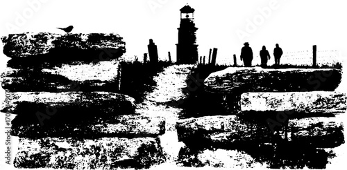 Urban silhouette of lighthouse and figures against brick landscape