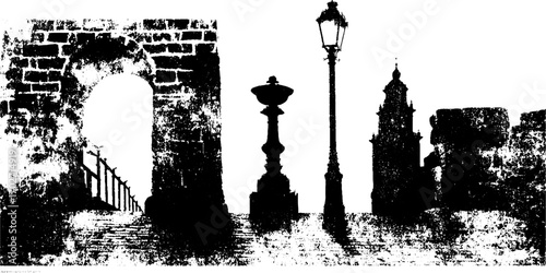 Urban silhouette with lamp post and brick banners for street art design
