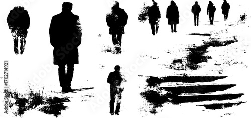 Urban chaos silhouettes: black ink figures in textured street scenes