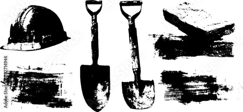 Black ink silhouette set featuring construction tools and urban elements for design use
